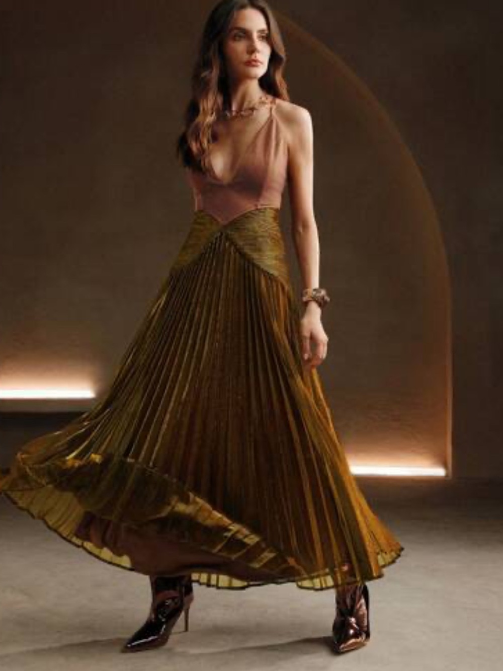 ANewsta Metallic Olive Pleated Midi / Maxi Dress Size XL New with tag